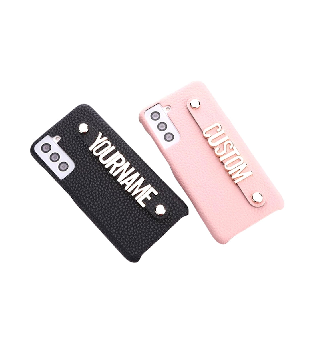 Funda para celular samsung de cuero color negra personalizable con letras de chapa de oro en dos colores rosa o negra.